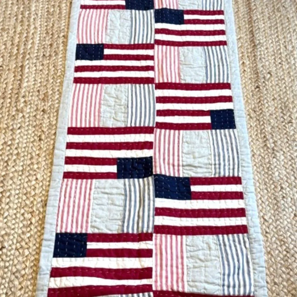 Pottery Barn Quilted Table Runner U.S. Flag 93 x 18 Red White & Blue Reversible